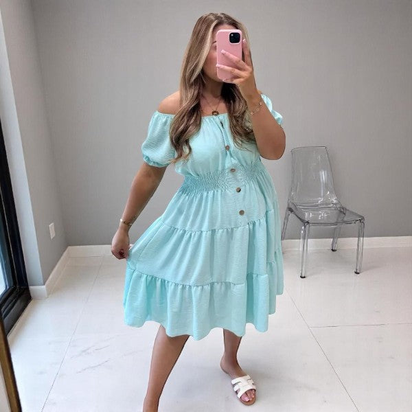 Women's Ladies Elastic Bardot Off Shoulder Magic Button Summer Smock Tiered Midi Dress