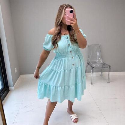 Women's Ladies Elastic Bardot Off Shoulder Magic Button Summer Smock Tiered Midi Dress