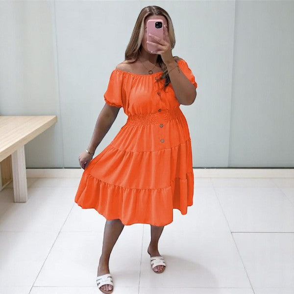 Women's Ladies Elastic Bardot Off Shoulder Magic Button Summer Smock Tiered Midi Dress