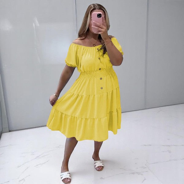 Women's Ladies Elastic Bardot Off Shoulder Magic Button Summer Smock Tiered Midi Dress