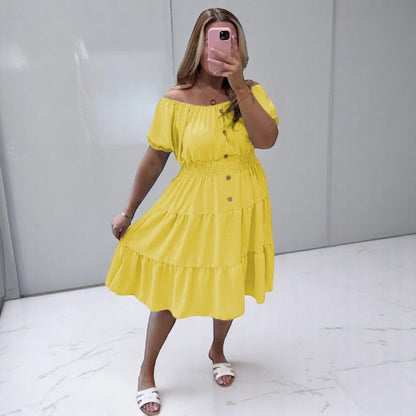 Women's Ladies Elastic Bardot Off Shoulder Magic Button Summer Smock Tiered Midi Dress