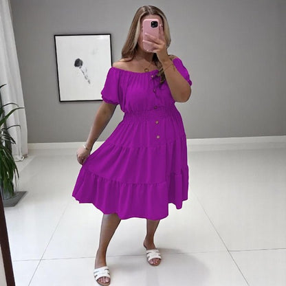 Women's Ladies Elastic Bardot Off Shoulder Magic Button Summer Smock Tiered Midi Dress