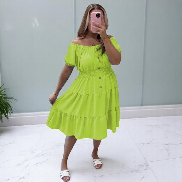 Women's Ladies Elastic Bardot Off Shoulder Magic Button Summer Smock Tiered Midi Dress