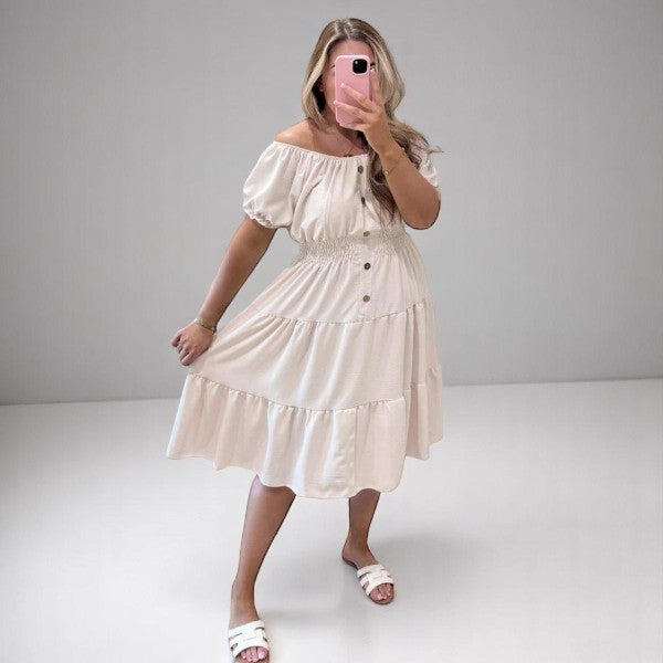 Women's Ladies Elastic Bardot Off Shoulder Magic Button Summer Smock Tiered Midi Dress