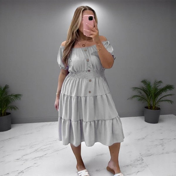 Women's Ladies Elastic Bardot Off Shoulder Magic Button Summer Smock Tiered Midi Dress