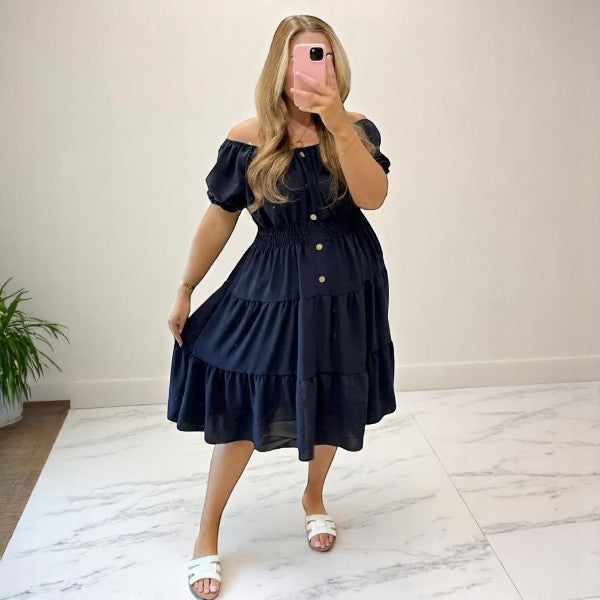Women's Ladies Elastic Bardot Off Shoulder Magic Button Summer Smock Tiered Midi Dress