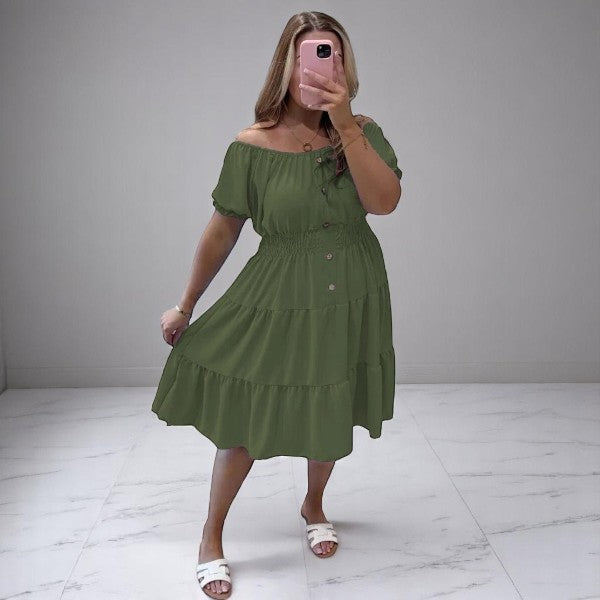 Women's Ladies Elastic Bardot Off Shoulder Magic Button Summer Smock Tiered Midi Dress