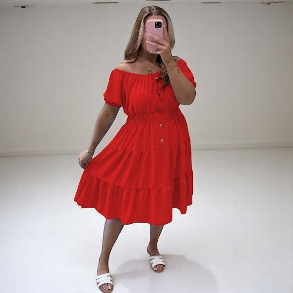 Women's Ladies Elastic Bardot Off Shoulder Magic Button Summer Smock Tiered Midi Dress