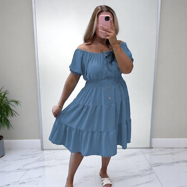 Women's Ladies Elastic Bardot Off Shoulder Magic Button Summer Smock Tiered Midi Dress