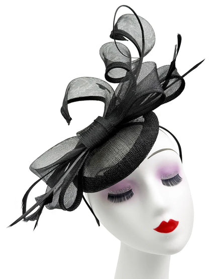 Women's Round Pill Box Fascinator Headband Clip with Bow & Feathers Hat Weddings Ladies Races Royal Ascot Hatinator