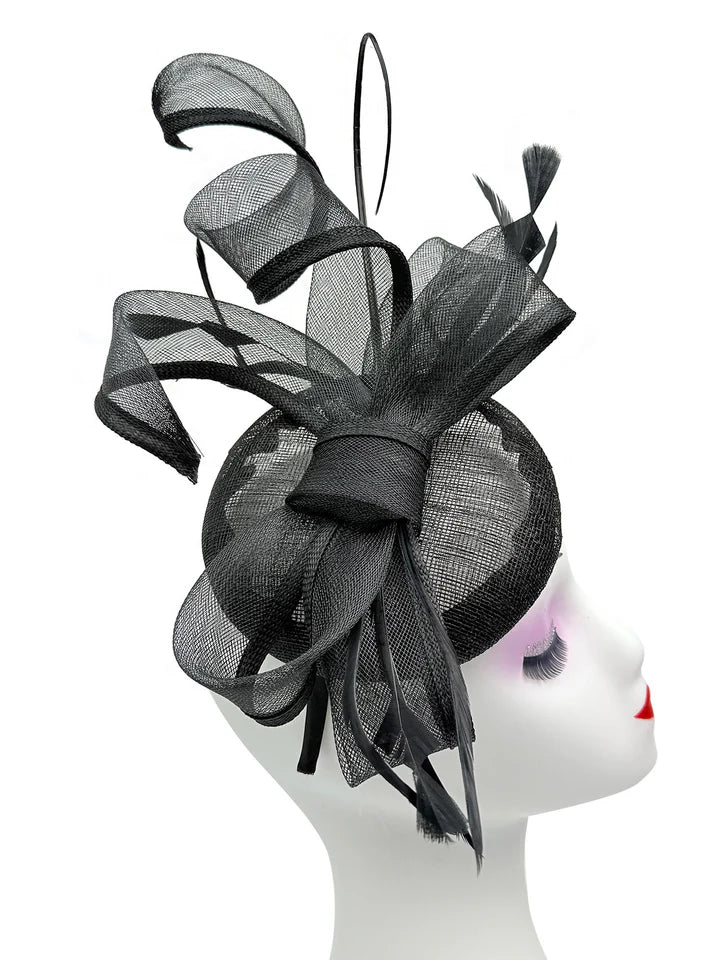 Women's Round Pill Box Fascinator Headband Clip with Bow & Feathers Hat Weddings Ladies Races Royal Ascot Hatinator