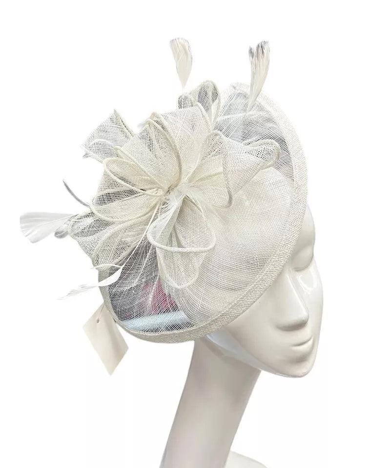 Sinamay Bow and Feather Teardrop Fascinator Headband & Clip Wedding Hat Race Royal Ascot Party