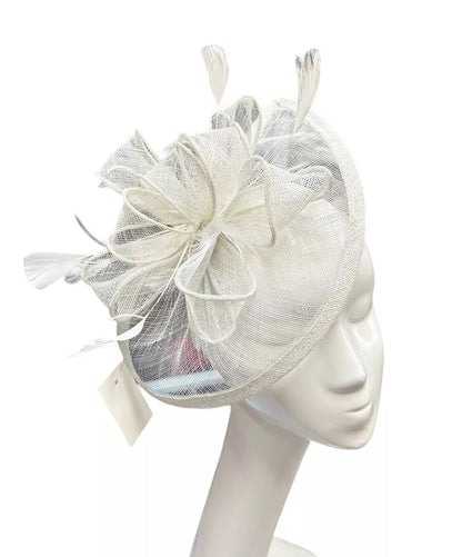 Sinamay Bow and Feather Teardrop Fascinator Headband & Clip Wedding Hat Race Royal Ascot Party