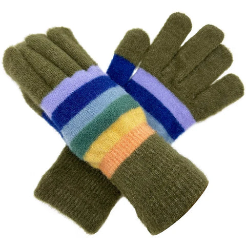 Women's Winter Gloves Colorful Striped Detail Soft Cozy Knitted Glove Warm Mittens Gloves