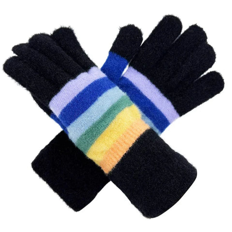 Women's Winter Gloves Colorful Striped Detail Soft Cozy Knitted Glove Warm Mittens Gloves