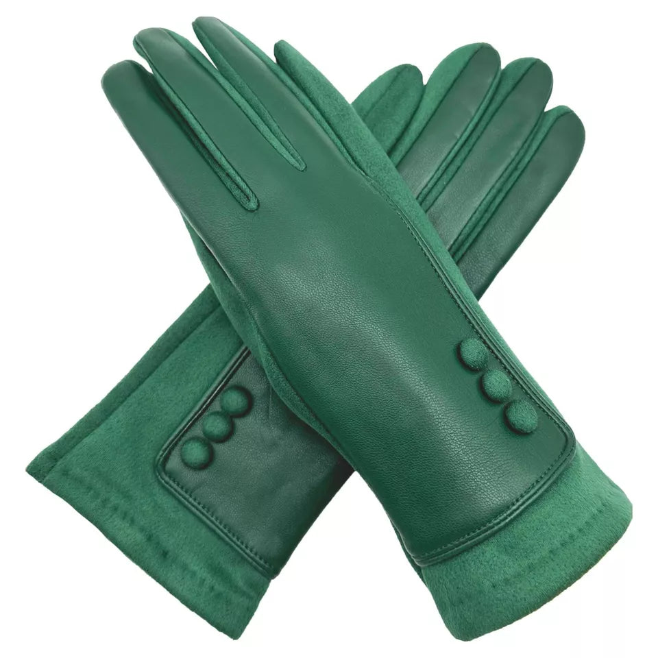 Women's Winter Warm Faux Leather Gloves Cosy Ladies Fleece Lined Buttons Pattern Touch Screen Gloves