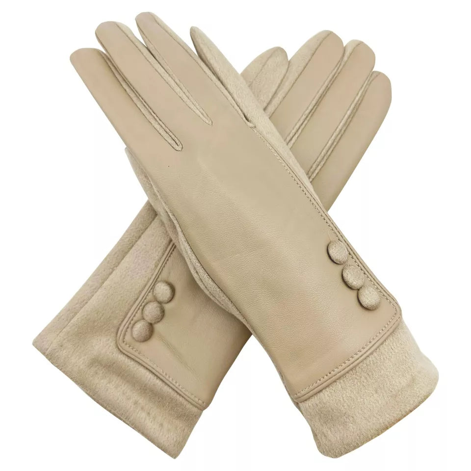 Women's Winter Warm Faux Leather Gloves Cosy Ladies Fleece Lined Buttons Pattern Touch Screen Gloves