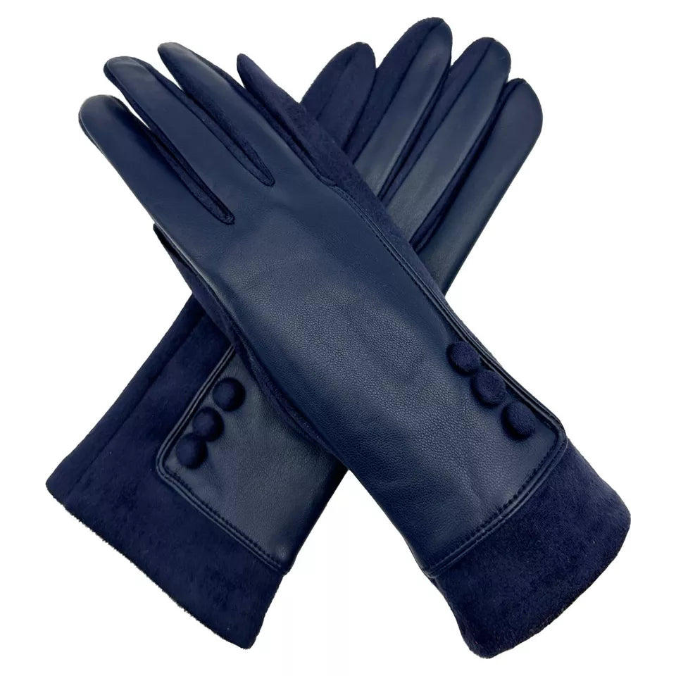 Women's Winter Warm Faux Leather Gloves Cosy Ladies Fleece Lined Buttons Pattern Touch Screen Gloves