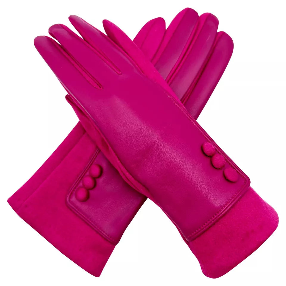 Women's Winter Warm Faux Leather Gloves Cosy Ladies Fleece Lined Buttons Pattern Touch Screen Gloves