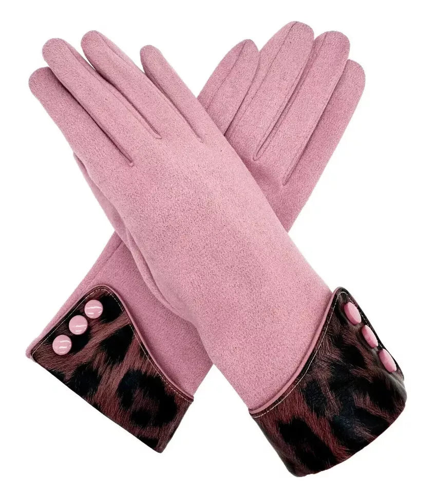 Women Button Gloves Ladies Leopard Cuff Winter Warm Gloves Soft Luxury Touch Screen Finger Gloves