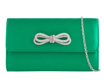 Women's Satin Clutch Bag Diamante Bow Purse Party Wedding Evening Shoulder Handbag