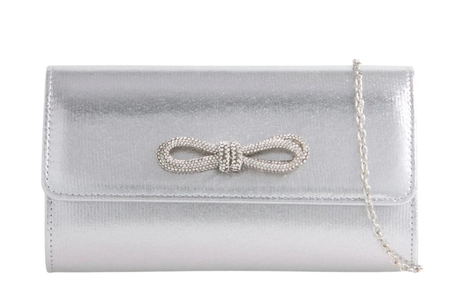 Sparkle Satin Shoulder Bow Evening Clutch Bag METALLIC SIILVER