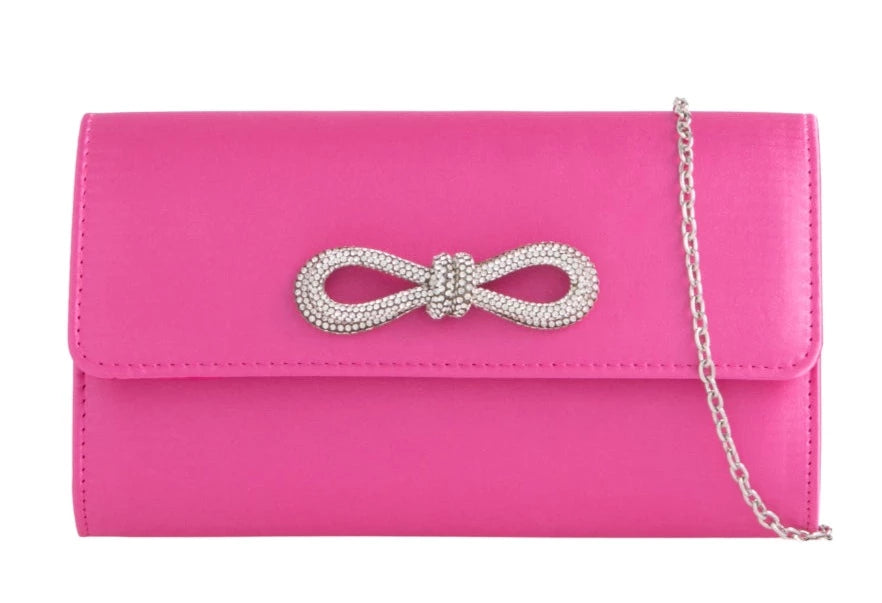 Sparkle Satin Shoulder Bow Evening Clutch Bag PINK