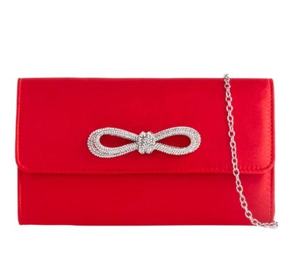 Women's Satin Clutch Bag Diamante Bow Purse Party Wedding Evening Shoulder Handbag