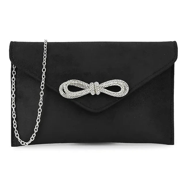 Suede Diamante Bow Clutch Bag Wedding Party Prom Evening Handbag For Women