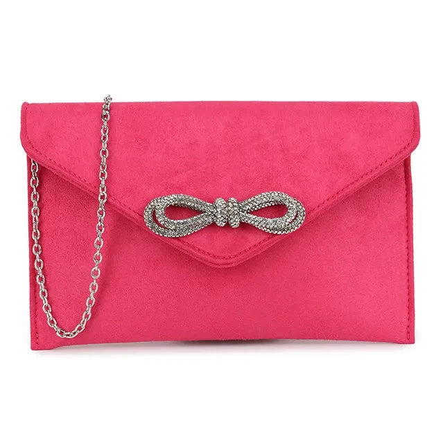 Suede Diamante Bow Clutch Bag Wedding Party Prom Evening Handbag For Women