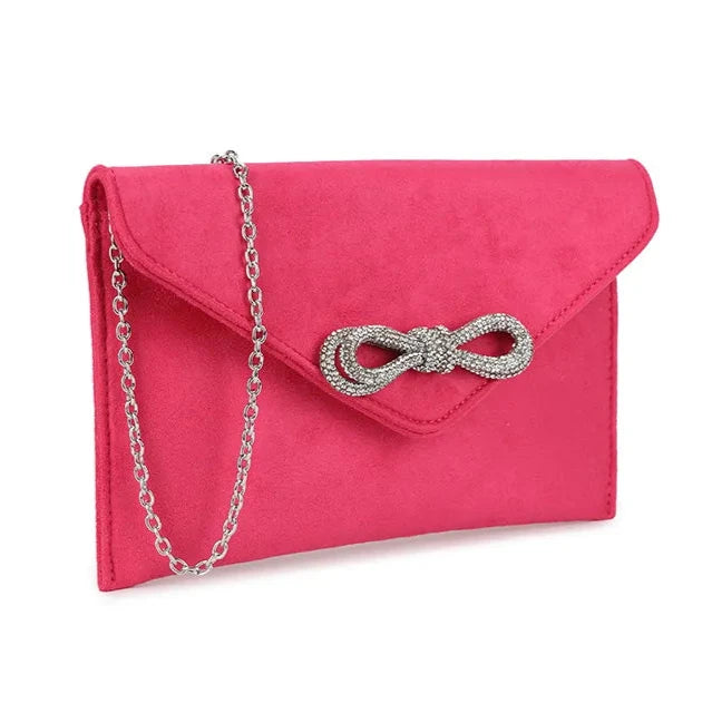 Suede Diamante Bow Clutch Bag Wedding Party Prom Evening Handbag For Women