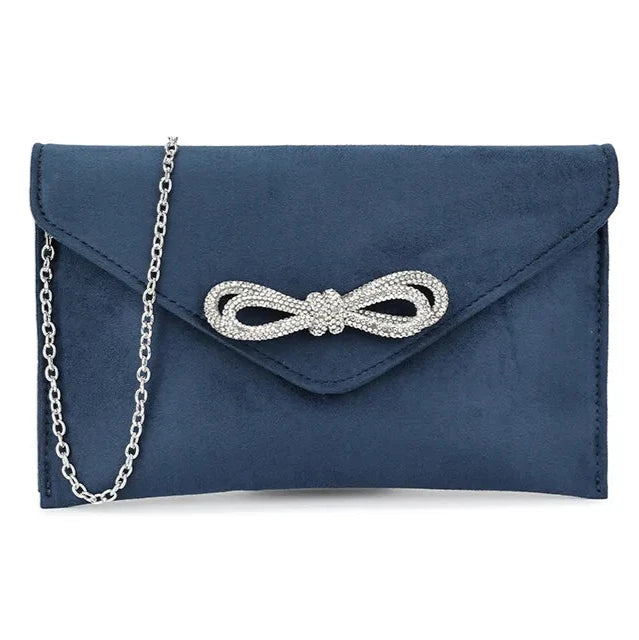 Suede Diamante Bow Clutch Bag Wedding Party Prom Evening Handbag For Women