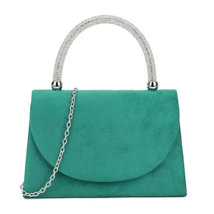 Faux Suede Diamante Top Grab Handle Evening Party Shoulder Handbag For Women GREEN