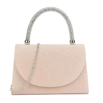 Faux Suede Diamante Top Grab Handle Evening Party Shoulder Handbag For Women NUDE