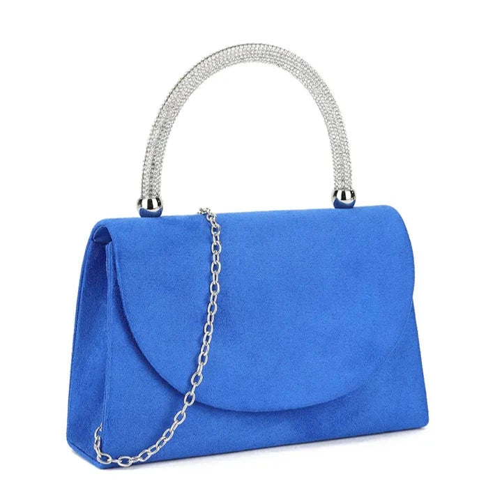Women's Faux Suede Clutch Bag Diamante Top Grab Handle Party Prom Evening Box Wedding Handbag