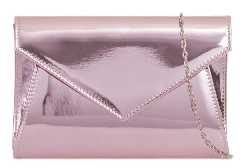 Women's Patent Leather Shiny Envelope Handbag Clutch Bag Party Prom Wedding - PINK