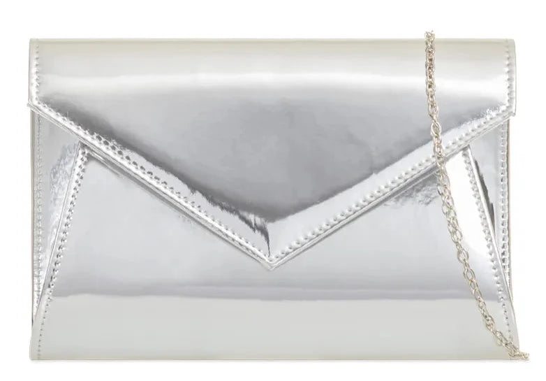 Women's Patent Leather Shiny Envelope Handbag Clutch Bag Party Prom Wedding - SILVER