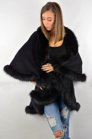 Womens Soft Double Layer Poncho Fleece Faux Fur Collar & Cuffs Ladies Cape Shawl Wrap UK