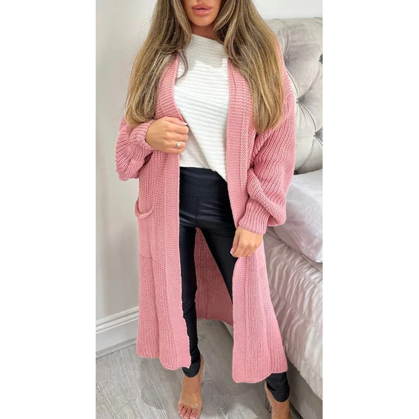 Ladies Chunky Knitted Oversized Cardigan Women Balloon Sleeve Long Maxi Cardigan Front Pockets