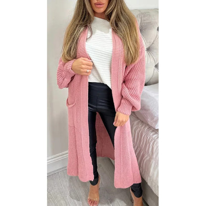 Ladies Chunky Knitted Oversized Cardigan Women Balloon Sleeve Long Maxi Cardigan Front Pockets