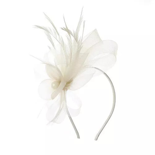 Looped Mesh Flower Feathers Pearl Fascinator Headband Alice band Wedding Ladies Day Royal Ascot Race