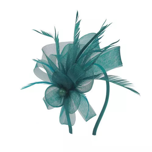 Looped Mesh Flower Feathers Pearl Fascinator Headband Alice band Wedding Ladies Day Royal Ascot Race