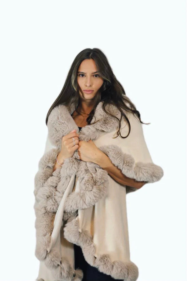 Womens Soft Double Layered Poncho Fleece Faux Fur Collar & Cuffs Ladies Luxury Poncho Cape Shawl Wrap