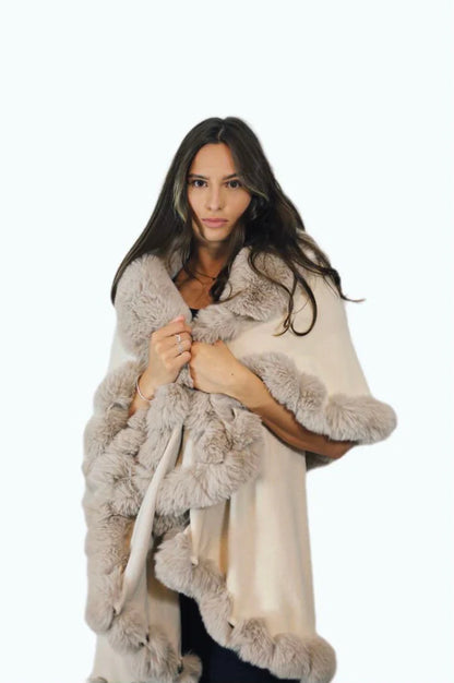 Womens Soft Double Layered Poncho Fleece Faux Fur Collar & Cuffs Ladies Luxury Poncho Cape Shawl Wrap
