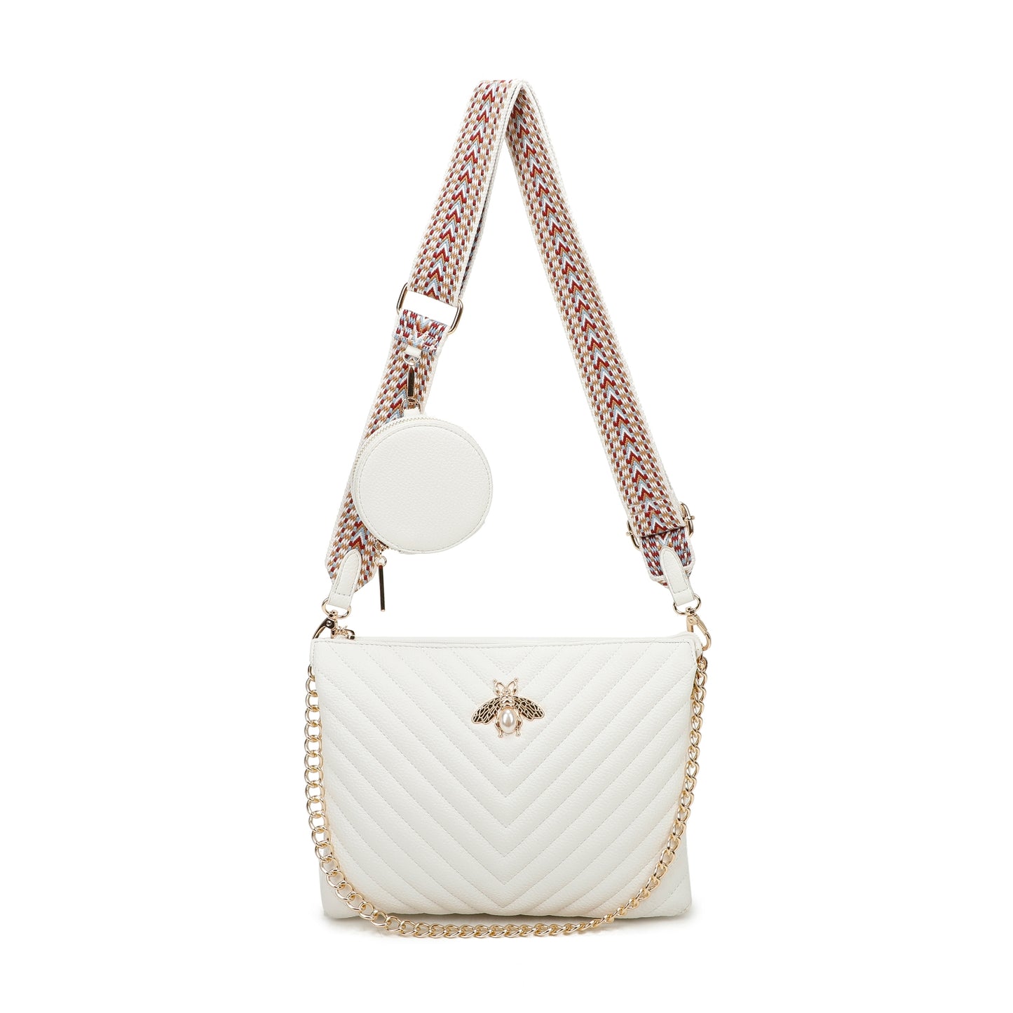 Women's Quilted Gold Bee Crossbody Bag Faux Leather Shoulder Handbags with Coin Purse