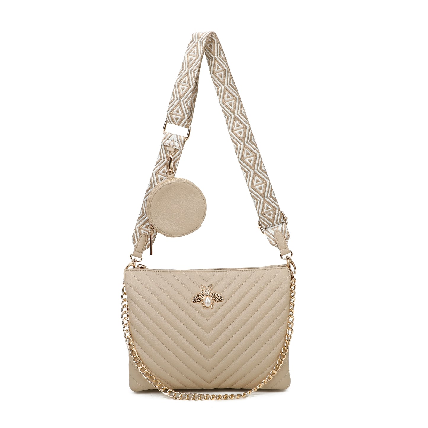 Women's Quilted Gold Bee Crossbody Bag Faux Leather Shoulder Handbags with Coin Purse