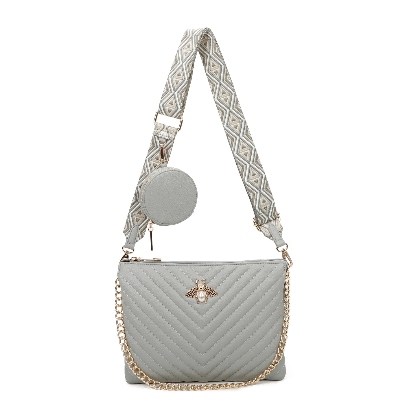Women's Quilted Gold Bee Crossbody Bag Faux Leather Shoulder Handbags with Coin Purse