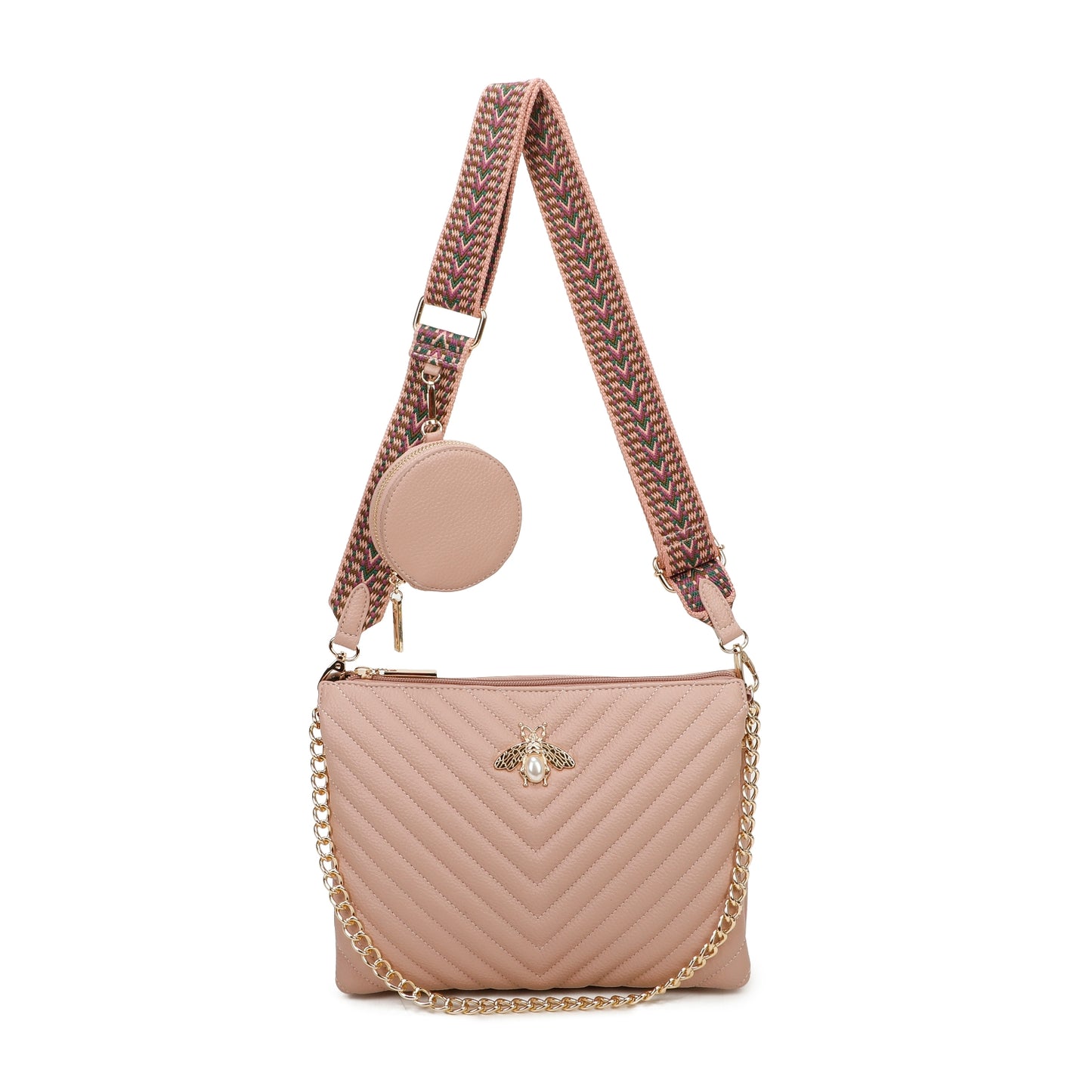 Women's Quilted Gold Bee Crossbody Bag Faux Leather Shoulder Handbags with Coin Purse
