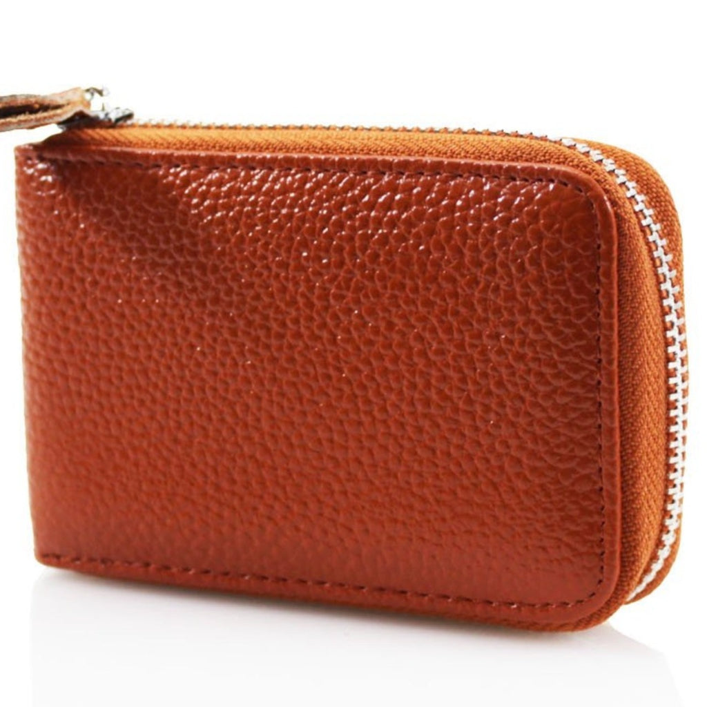 Single Zip Leather Card Holder Purse - brown