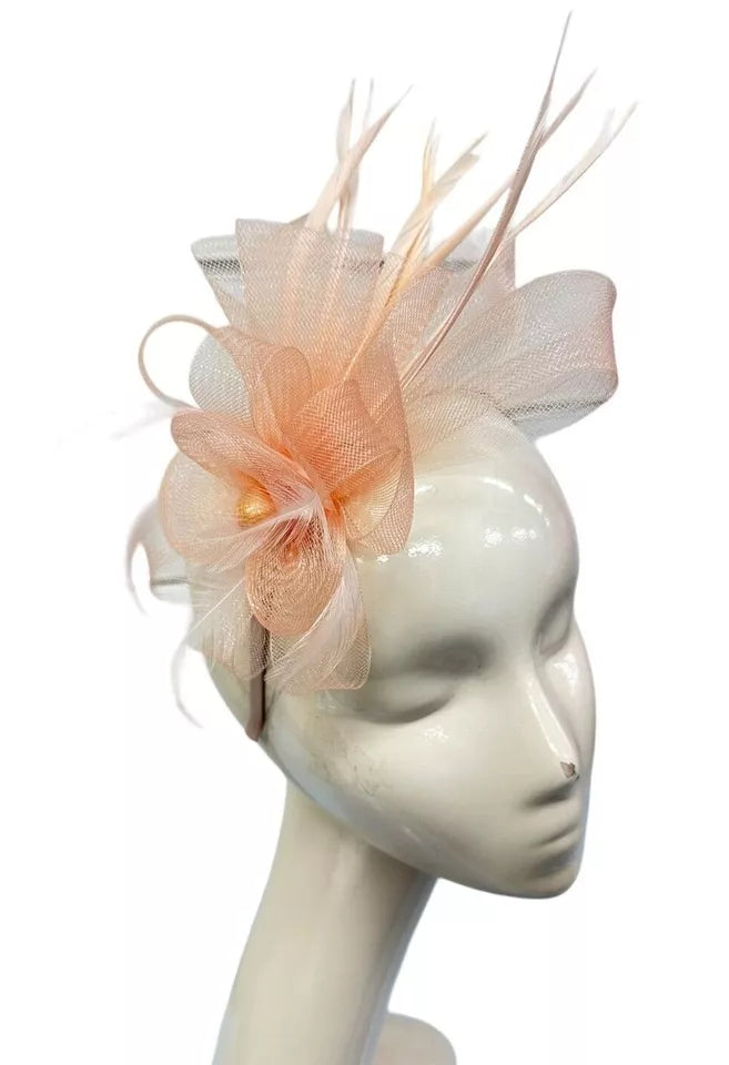 Looped Mesh Flower Feathers Pearl Fascinator Headband Alice band Wedding Ladies Day Royal Ascot Race